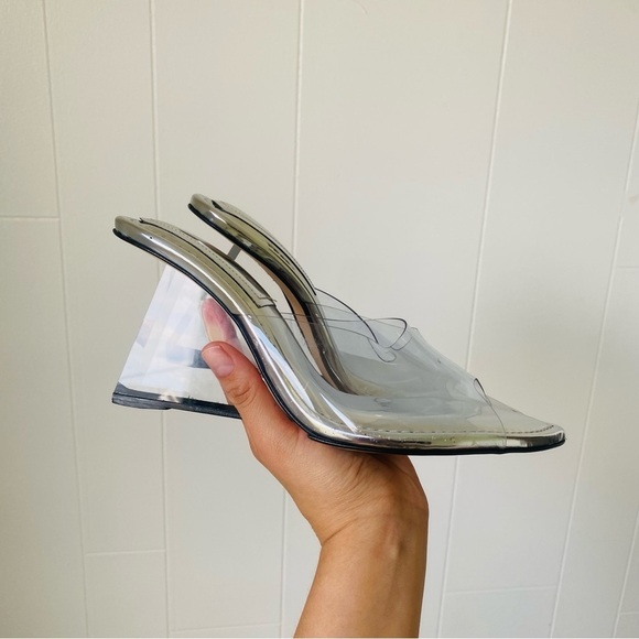 Good American Cinder F Rella Wedge Silver Lucite Triangle Block Heels Size 7​ - Picture 3 of 6